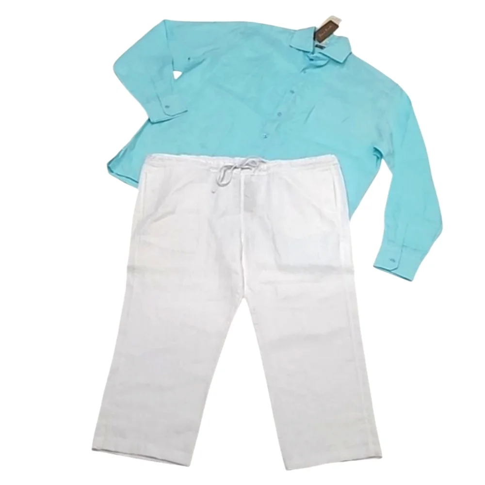 Island Importer Riviera Linen Crop Drawstring Pants Wide Leg High Waist Rise